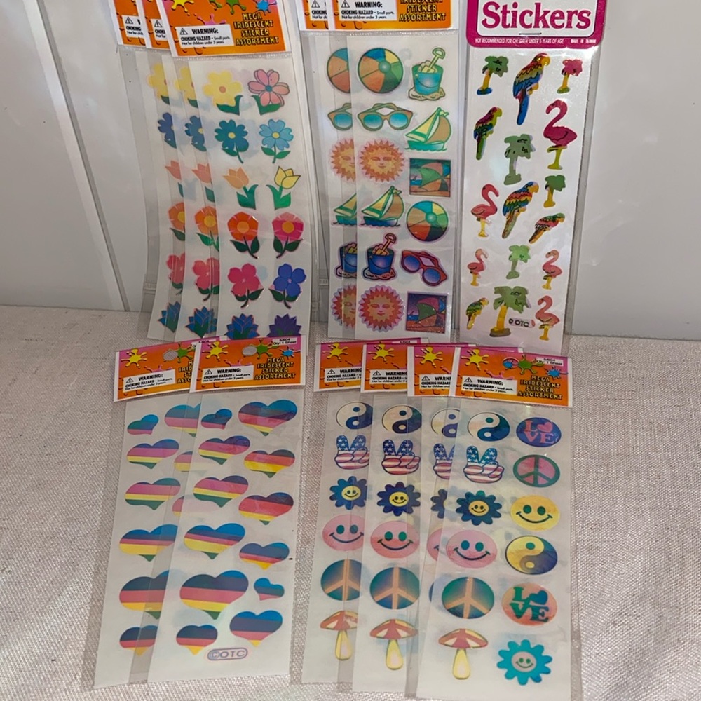 90s vintage OTC 12 Sticker SHEET LOT iridescent boho Peace Beach floral flamingo